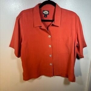 Tommy Bahama Button Up Women Sz M Orange Silk Short Sleeve Camp Shirt